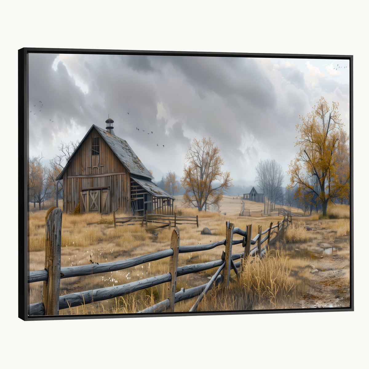 Farm1-MGV-CV-36X24 - Rustic Autumn Farmhouse Wall Art Canvas Print | Serene Countryside with Weathered Barn