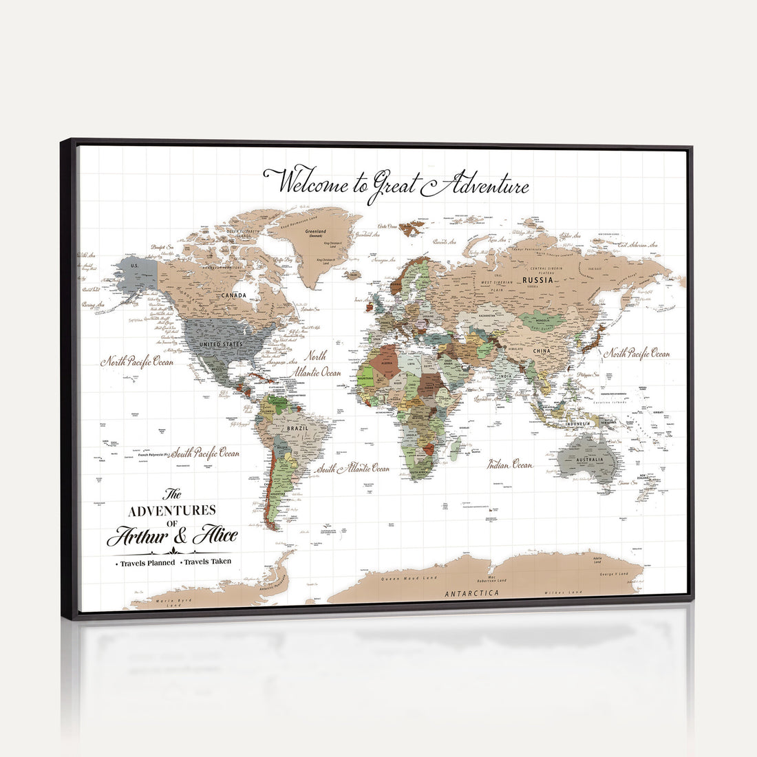 Custom Beige Push Pin World Map Wall Art, Bucket List Map, Study and Hallway Decor