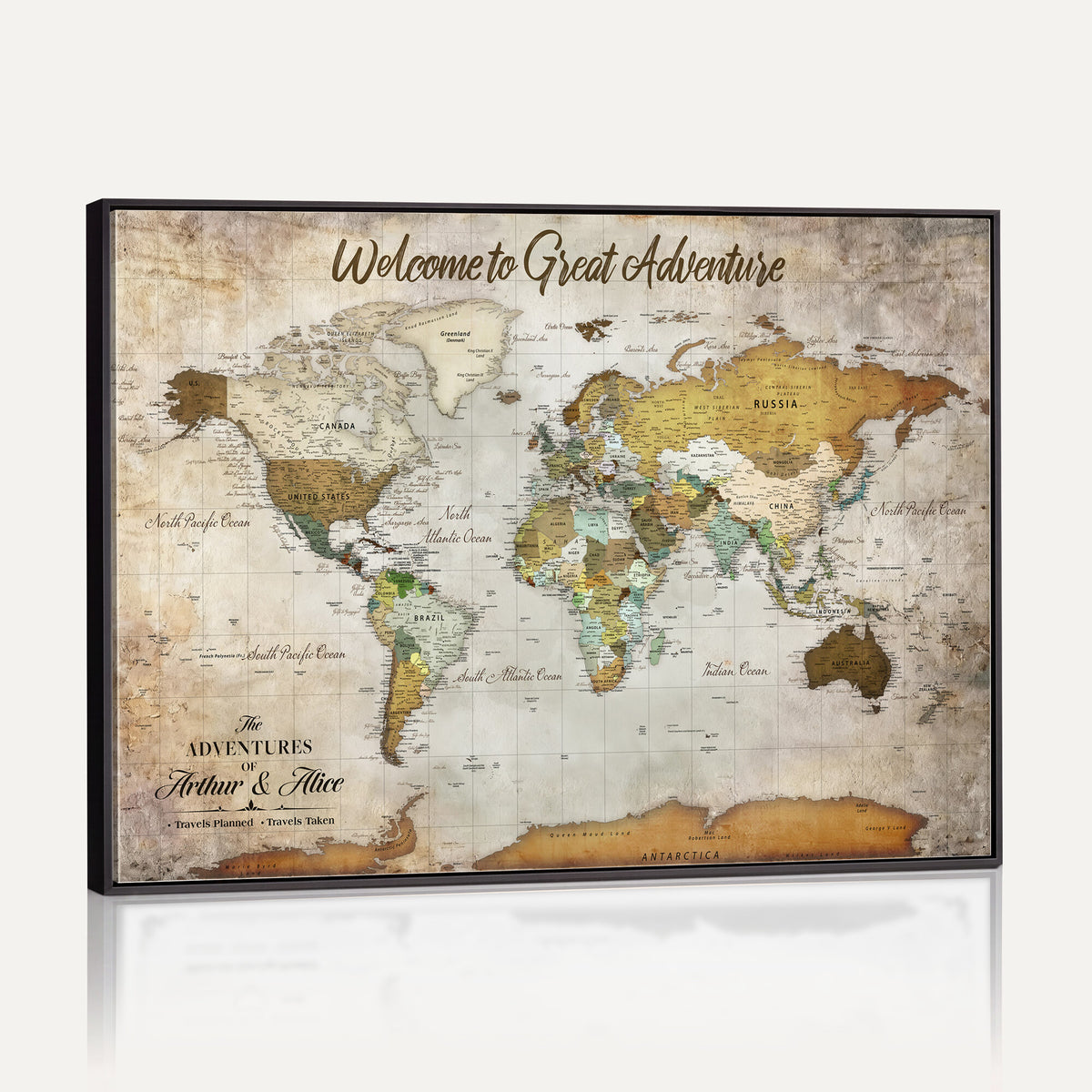 33043195-MGV-CV-36X24 - Personalized Beige World Travel Map Wall Art with Pins, Family Travel Tracker, Family Room and Study Decor