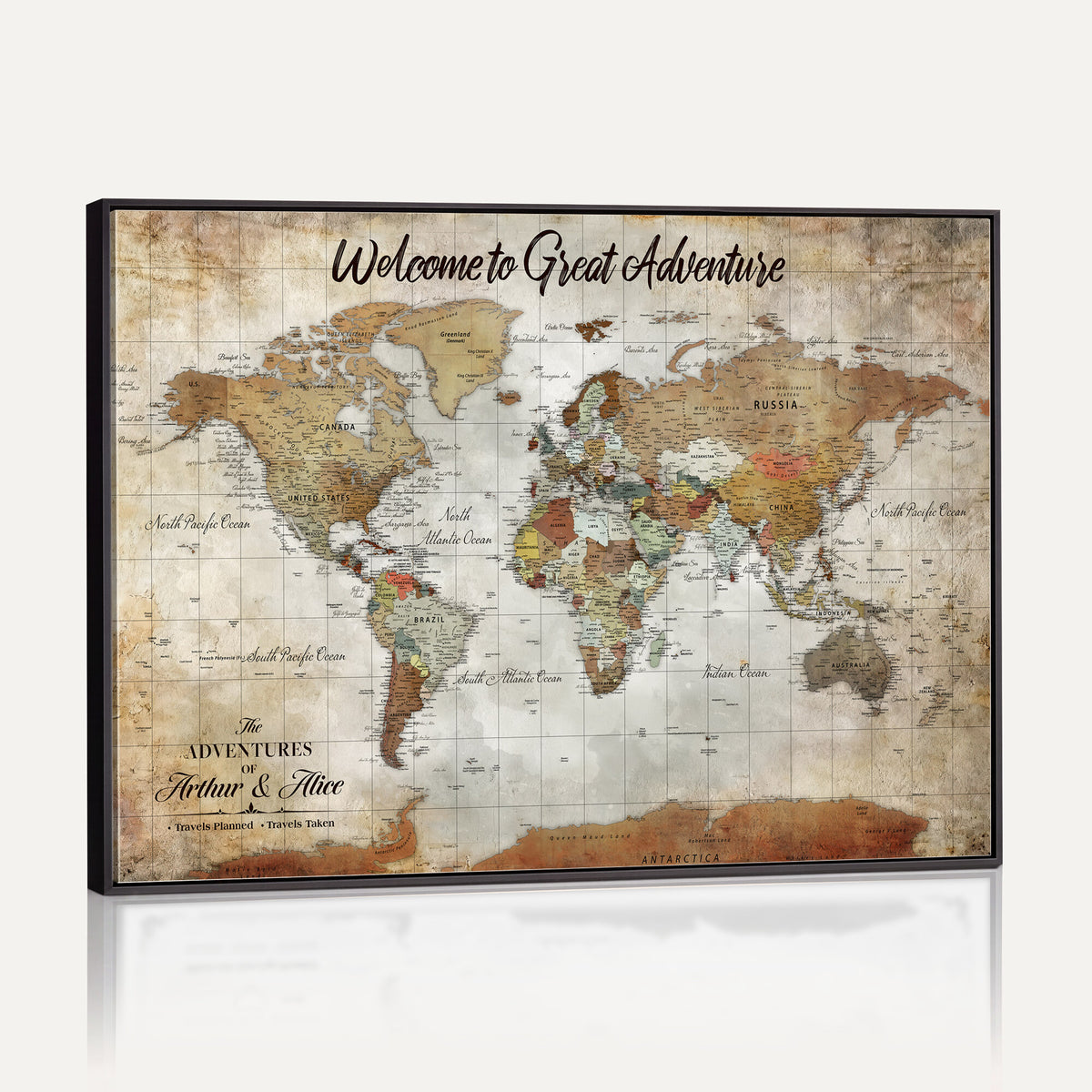 22906161-MGV-CV-36X24 - Personalized Beige Push Pin World Map Wall Art, Bucket List Map, Living Room and Family Room Decor