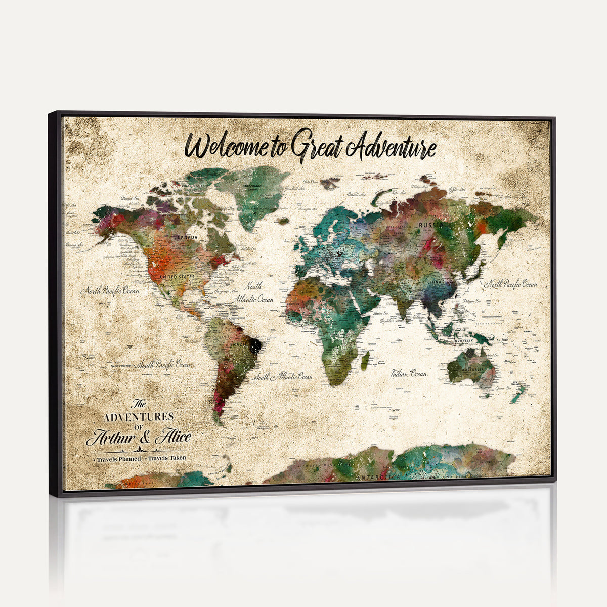 89225601-MGV-CV-36X24 - Personalized Beige Grunge World Map Canvas with Push Pins, Next Trip Planner Map, Family Room and Home Office Decor