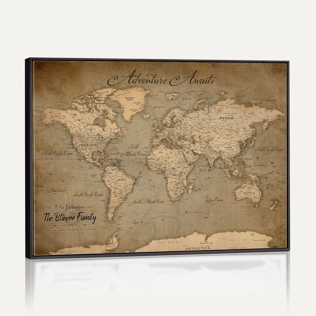 Personalized Framed Beige World Travel Map Wall Art with Pins, Family Travel Tracker, Family Room and Entryway Decor