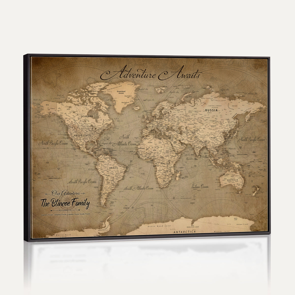 59418012-MGV-CV-36X24 - Personalized Framed Beige World Travel Map Wall Art with Pins, Family Travel Tracker, Family Room and Entryway Decor