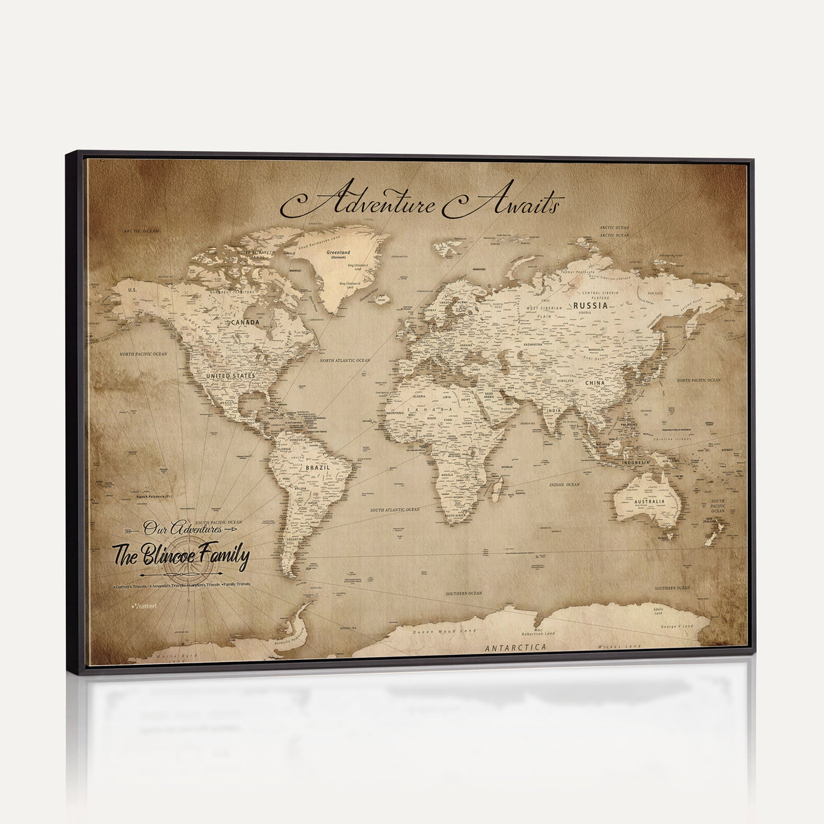 59757370-MGV-CV-36X24 - Personalized Black Modern Push Pin World Map Wall Art, Places Visited Tracker, Family Room and Bedroom Decor