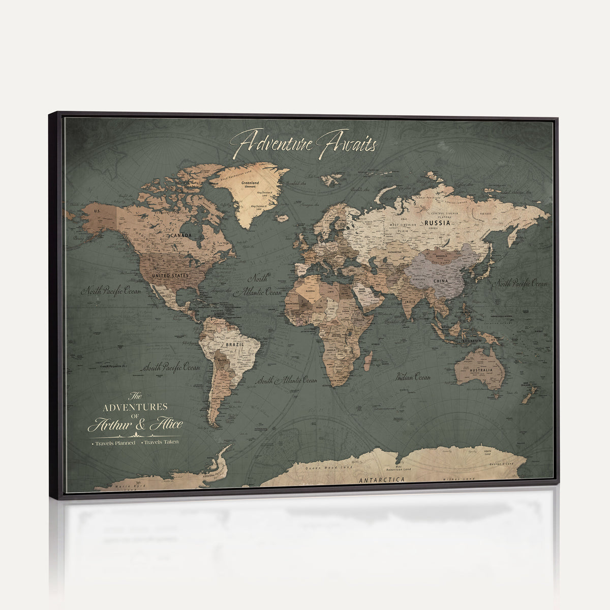 24734446-MGV-CV-36X24 - Personalized Framed Beige Modern World Map Canvas with Push Pins, Bucket List Map, Family Room and Dining Room Decor