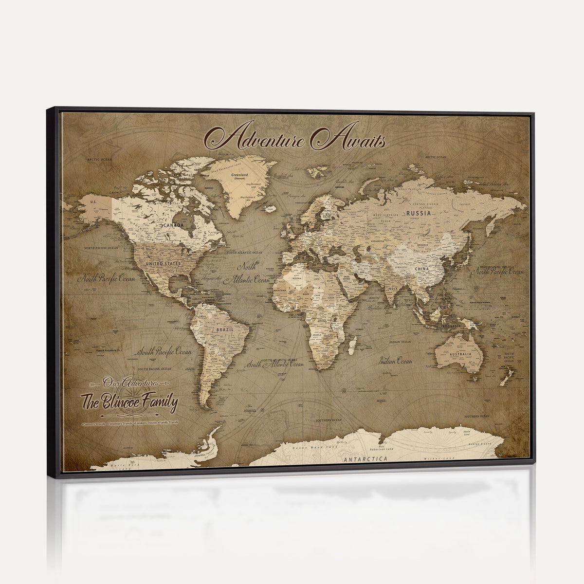 96775856-MGV-CV-36X24 - Custom Beige Modern Push Pin World Map Canvas Print, Family Travel Tracker, Dining Room and Home Office Decor