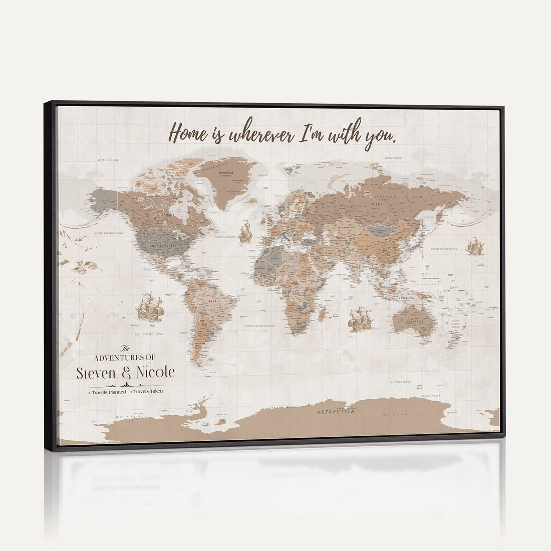 Personalized Beige Geometric Push Pin World Map Canvas Print, Countries Visited Map, Study and Home Office Decor