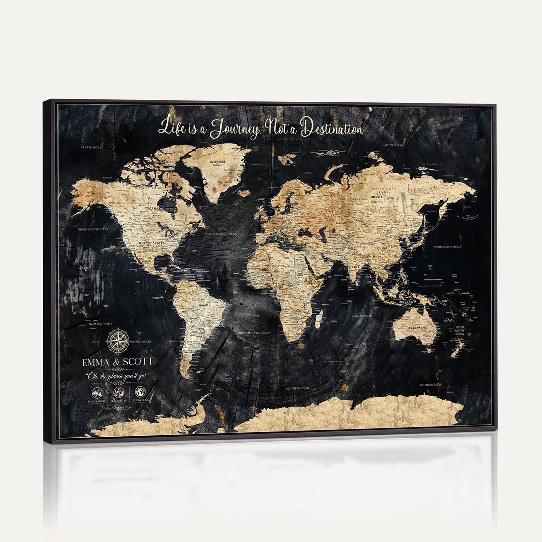 Personalized Framed Navy Modern Push Pin World Map Canvas Print, Couples Countries Visited Map, Family Room and Study Decor
