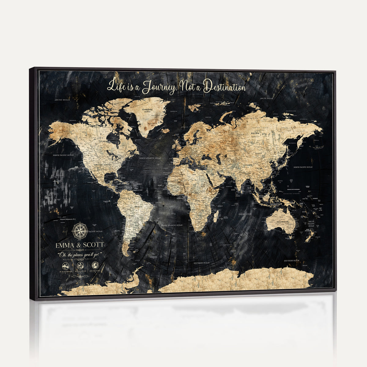 NEWMAP-13-MGV-CV-36X24 - Personalized Framed Navy Modern Push Pin World Map Canvas Print, Couples Countries Visited Map, Family Room and Study Decor