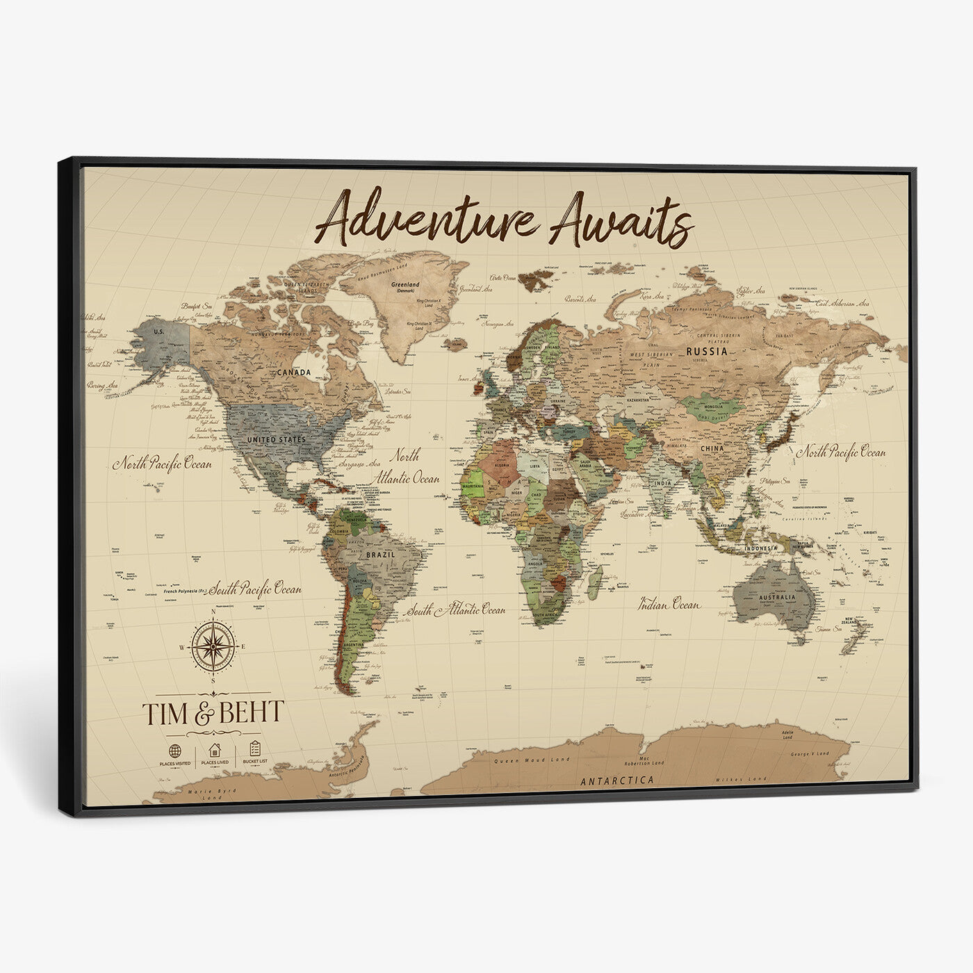 72027187-MGV-CV-36X24 - Custom Push Pin World Map Wall Art Canvas Print – Personalized Travel Tracker with Pins Framed Large for Home and Office Decor