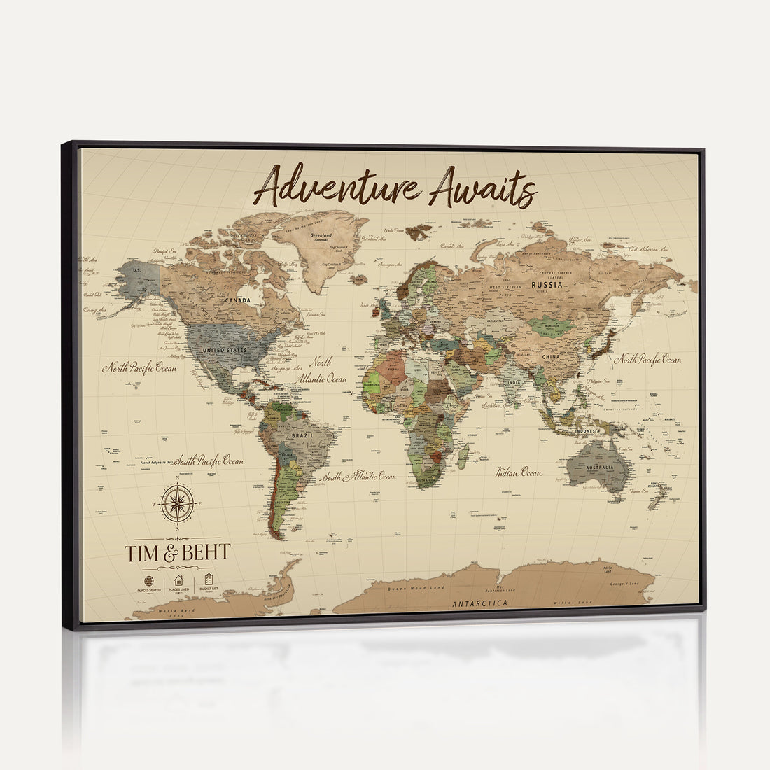 Custom Beige Geometric Push Pin Travel Map Canvas Print, Family Travel Tracker, Home Office and Entryway Decor