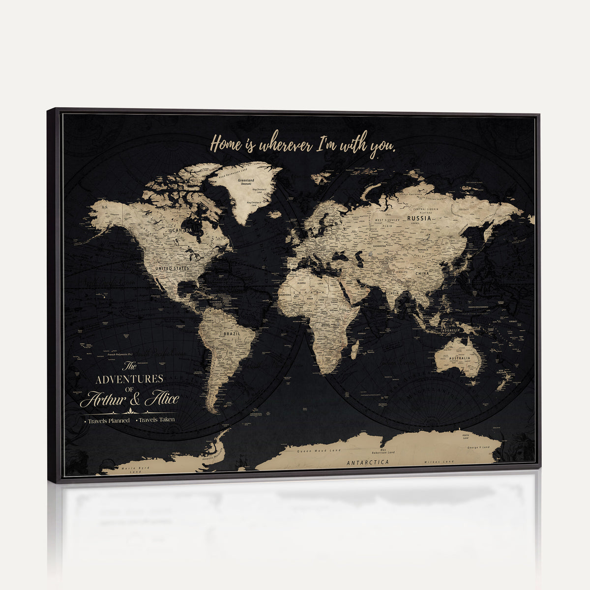 31416046-MGV-CV-36X24 - Custom Framed Beige Vintage Push Pin Travel Map Canvas Print, Honeymoon and Anniversary Gift, Study and Hallway Decor