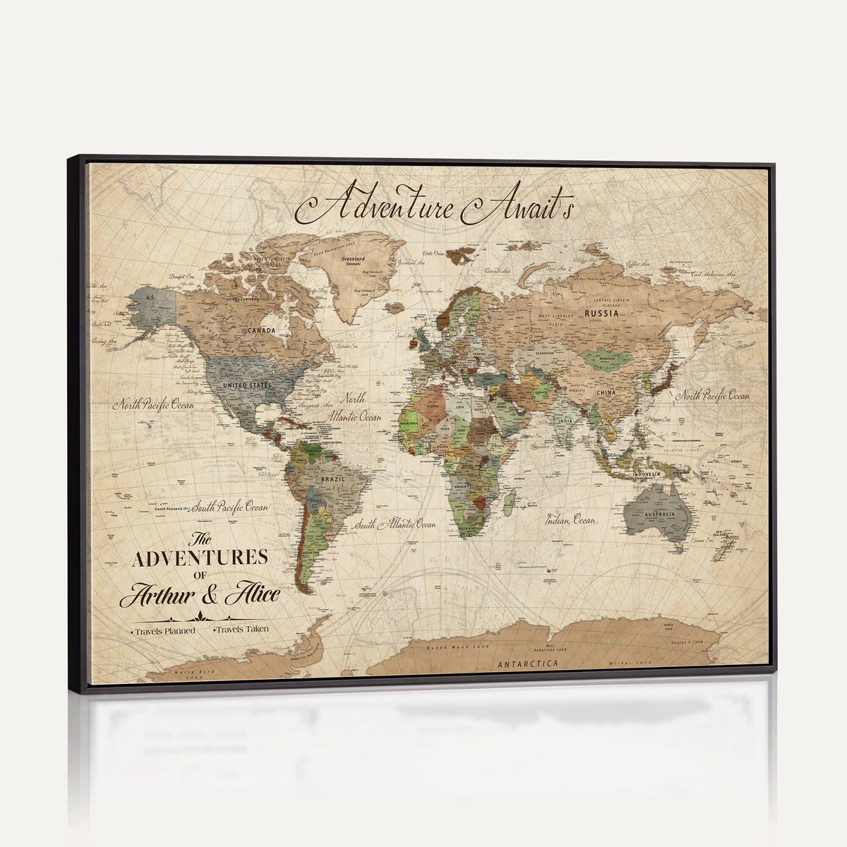 18308111-MGV-CV-36X24 - Custom Push Pin World Map Wall Art Canvas Print | Personalized Travel Tracker with Pins Framed Large for Home and Office Decor
