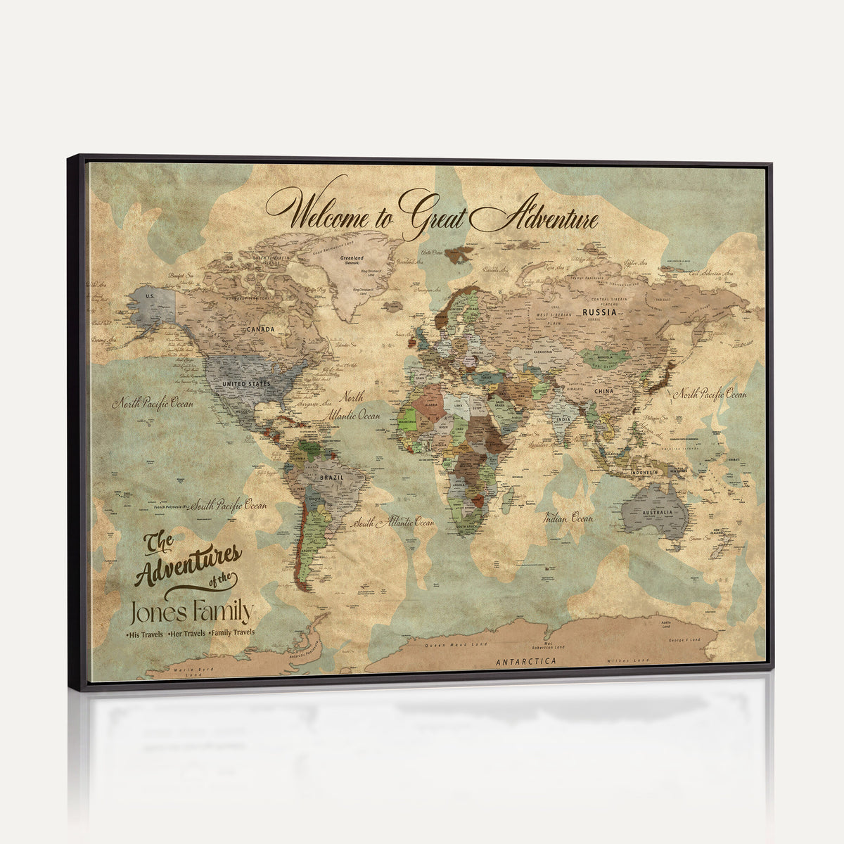 38092909-MGV-CV-36X24 - Personalized Framed Navy Vintage Push Pin World Map Wall Art, Places Visited Tracker, Bedroom and Hallway Decor
