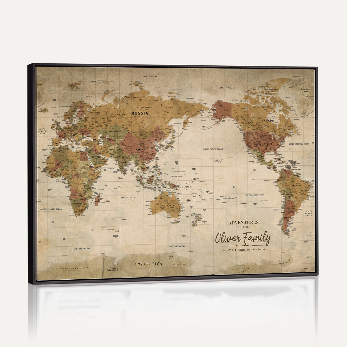 19347393-MGV-CV-36X24 - Personalized Framed Navy Modern World Map Canvas with Push Pins, Bucket List Map, Living Room and Entryway Decor