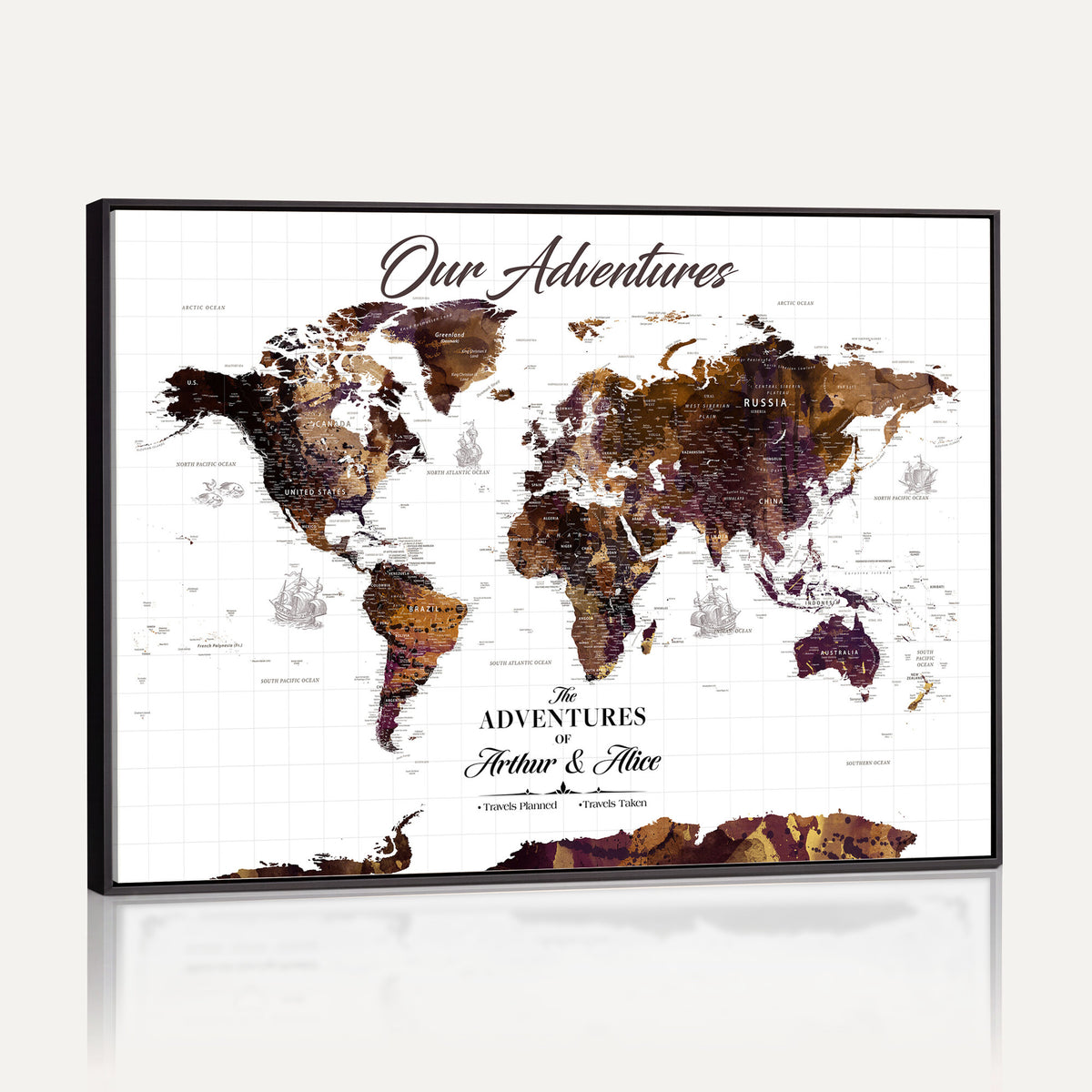 95729279-MGV-CV-36X24 - Personalized Framed Beige Vintage Push Pin Travel Map Canvas Print, Next Trip Planner Map, Home Office and Entryway Decor