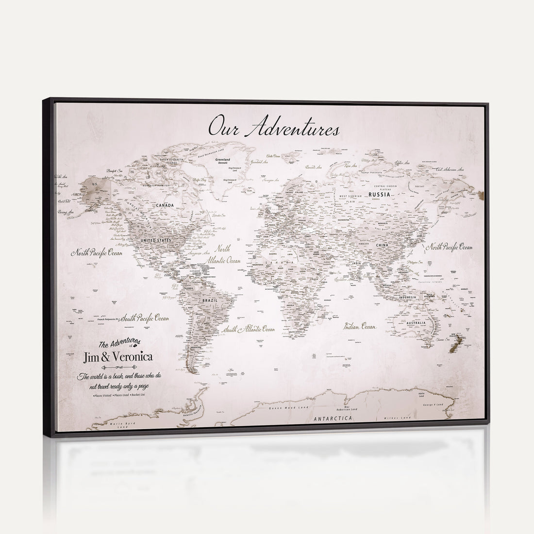 Personalized Beige Vintage World Travel Map Wall Art with Pins, Honeymoon and Anniversary Gift, Entryway and Hallway Decor