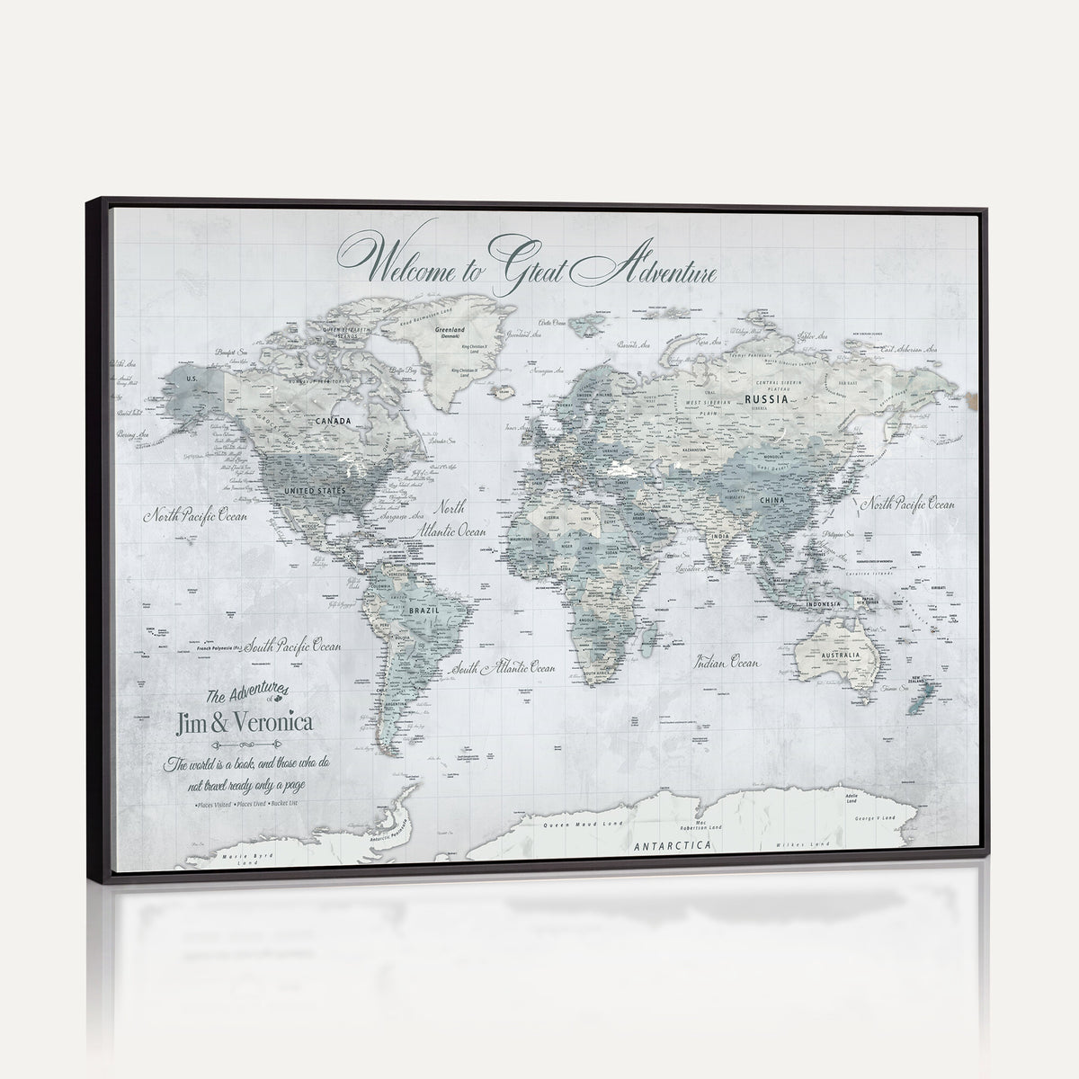 55391088-MGV-CV-36X24 - Personalized Beige Antique Push Pin World Map Canvas Print, Family Travel Tracker, Family Room and Entryway Decor