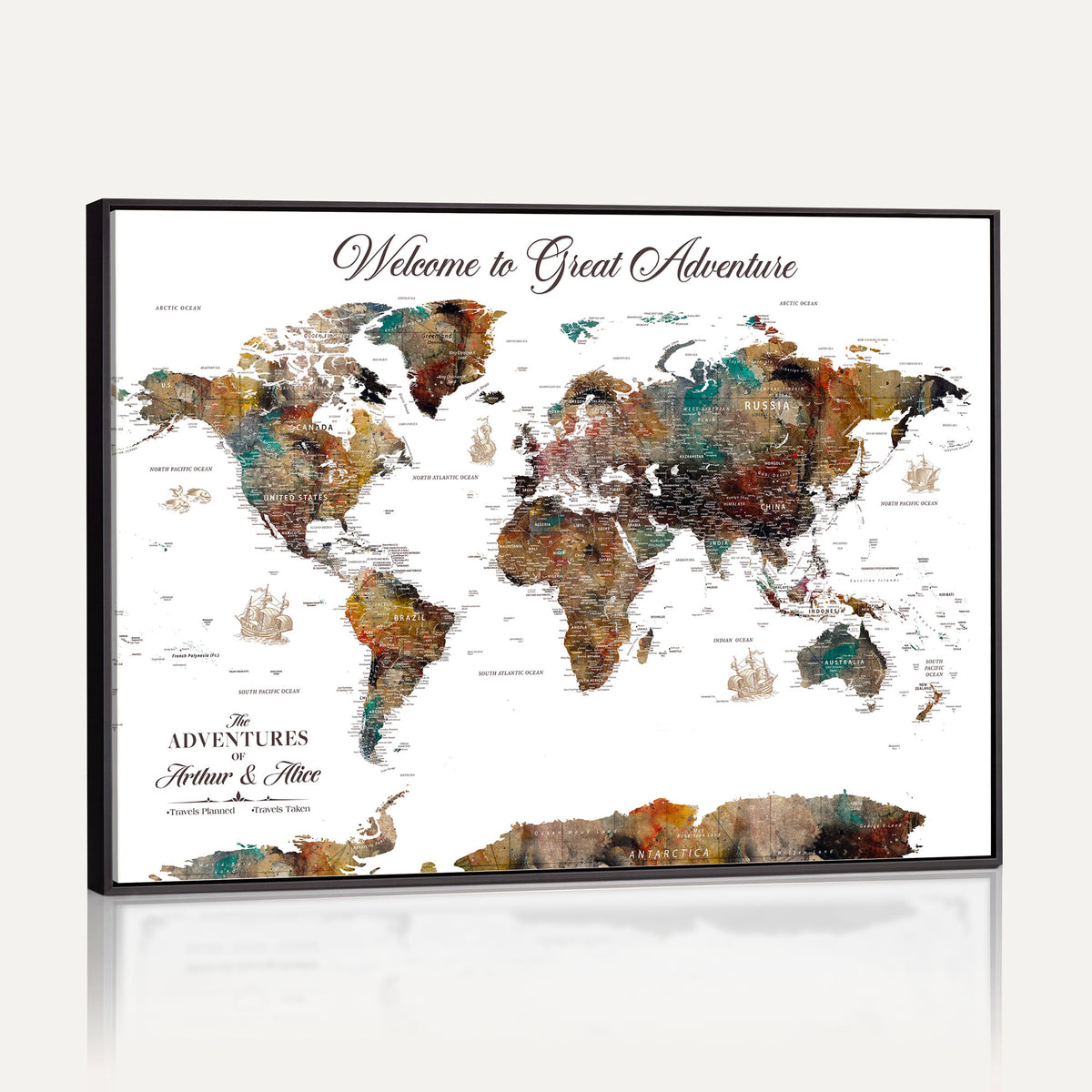 20271103-MGV-CV-36X24 - Custom Framed Beige Modern Push Pin World Map Wall Art, Couples Countries Visited Map, Study and Entryway Decor