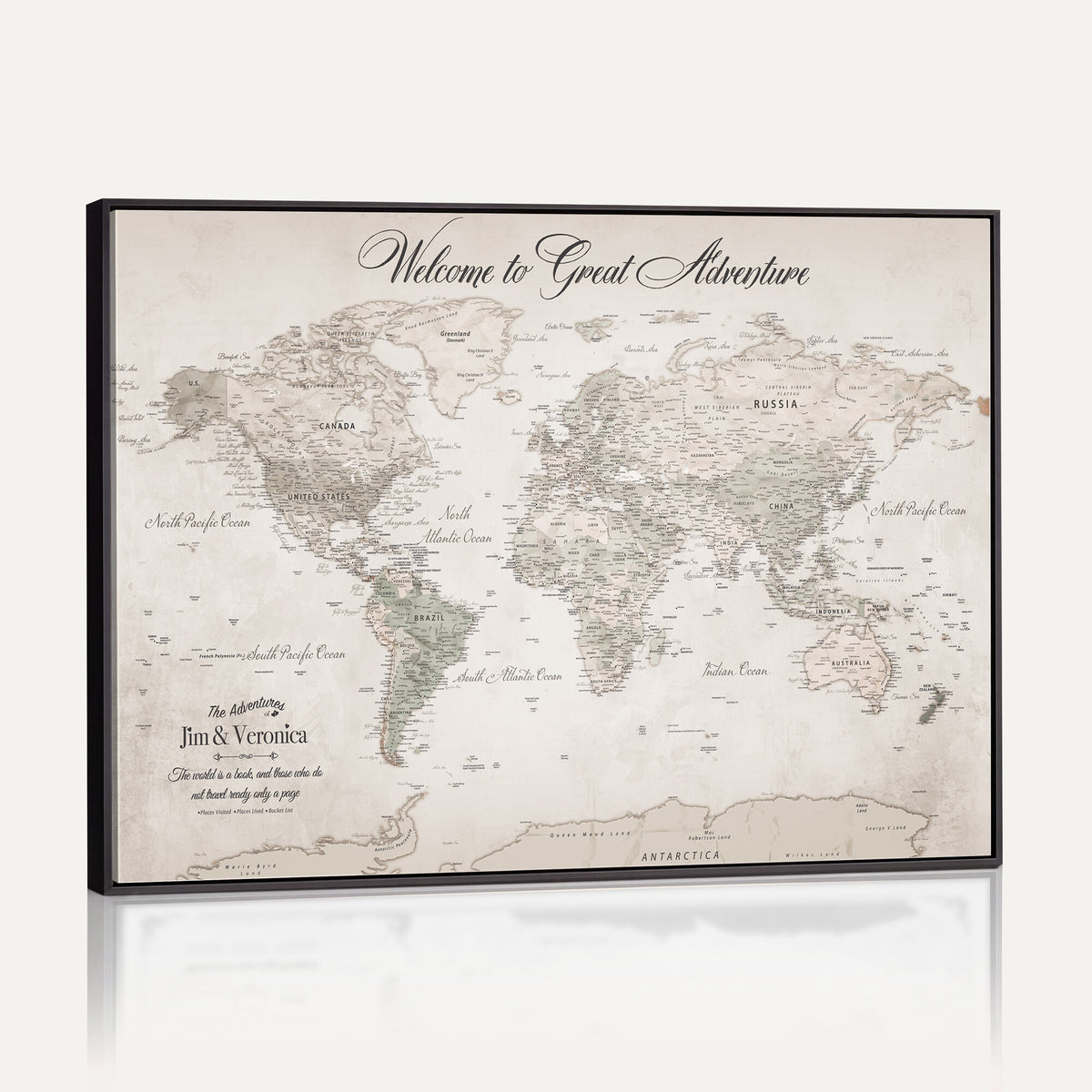 84311132-MGV-CV-36X24 - Personalized Beige World Map Canvas with Push Pins, Places Visited Tracker, Family Room and Entryway Decor