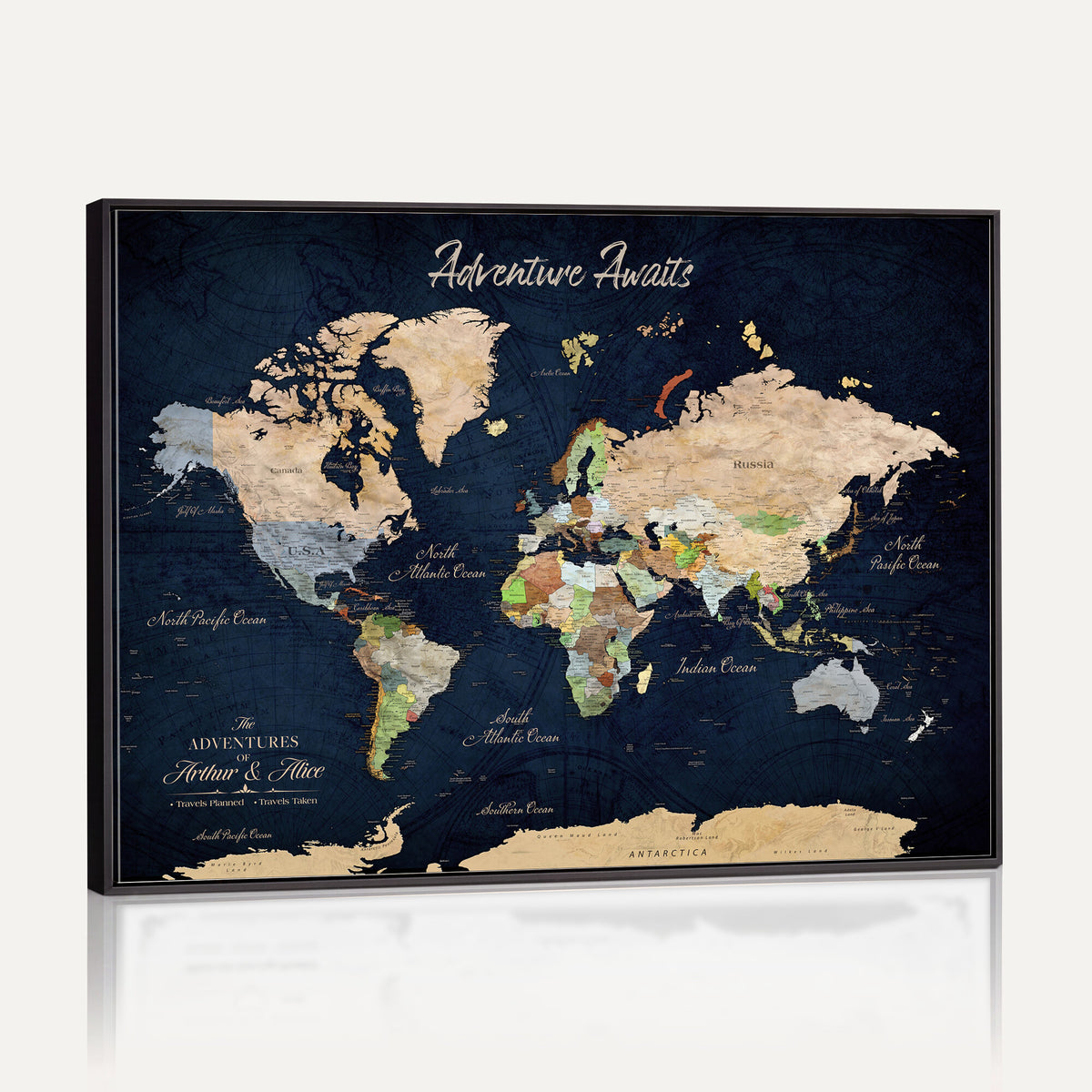 39120422-MGV-CV-36X24 - Personalized Beige Antique Push Pin Travel Map Canvas Print, Bucket List Map, Dining Room and Entryway Decor