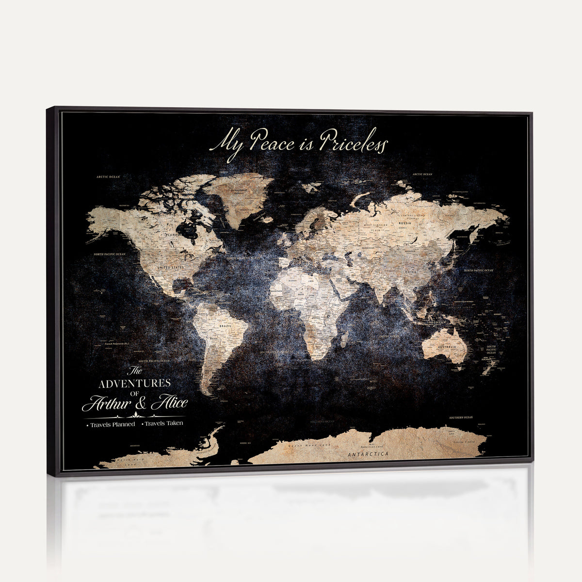 38689152-MGV-CV-36X24 - Personalized Beige World Map Canvas with Push Pins, Couples Countries Visited Map, Study and Hallway Decor