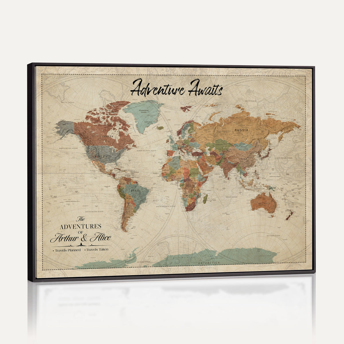 10741176-MGV-CV-36X24 - Custom Push Pin World Map Wall Art Canvas Print | Personalized Travel Tracker with Pins Framed Large for Home and Office Decor