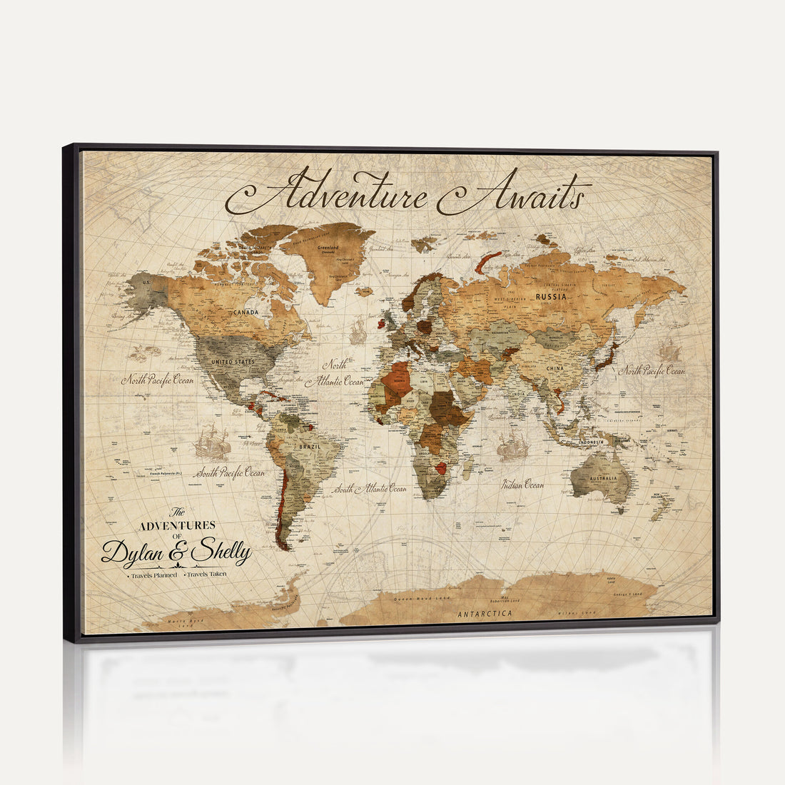 Personalized Black Modern World Map Canvas with Push Pins, Family Travel Tracker, Bedroom and Study Decor