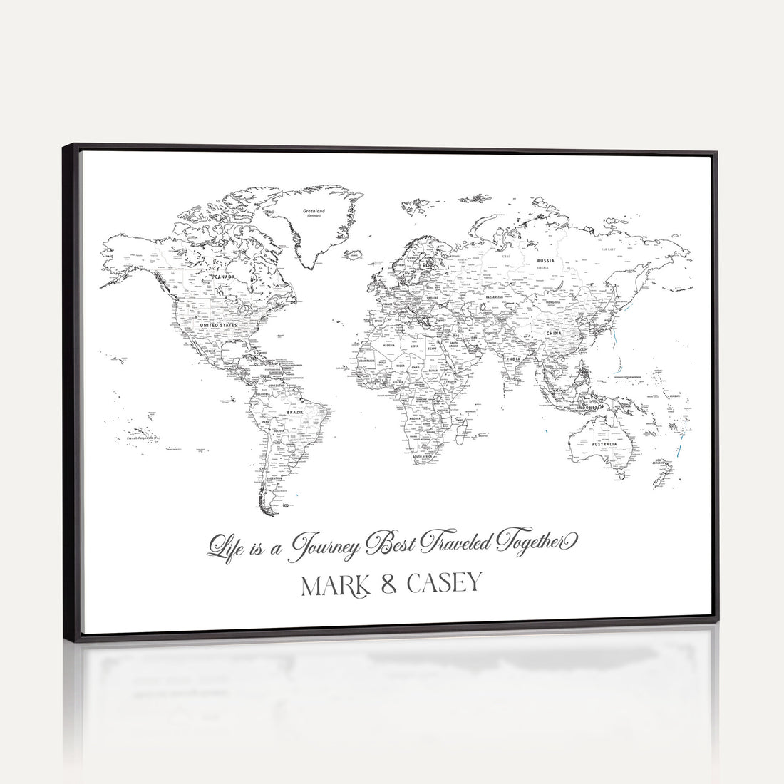 Personalized Framed Beige Modern Push Pin Travel Map Canvas Print, Couples Countries Visited Map, Living Room and Family Room Decor