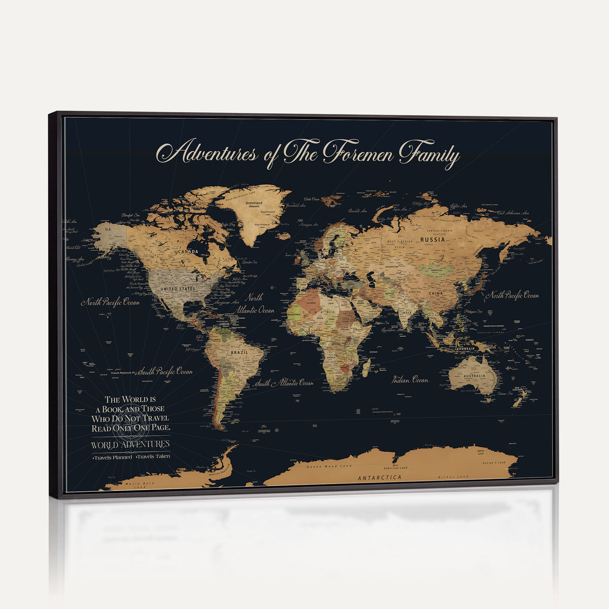 89403803-MGV-CV-36X24 - Personalized Beige Modern Family Adventure Push Pin World Map Canvas, Places Visited Tracker, Family Room and Home Office Decor