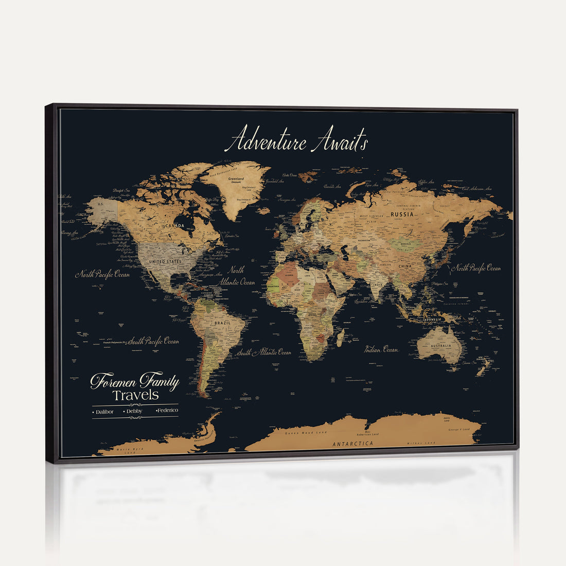 Personalized Framed Beige Geometric Family Push Pin World Map Canvas Print, Next Trip Planner Map, Family Room and Entryway Decor