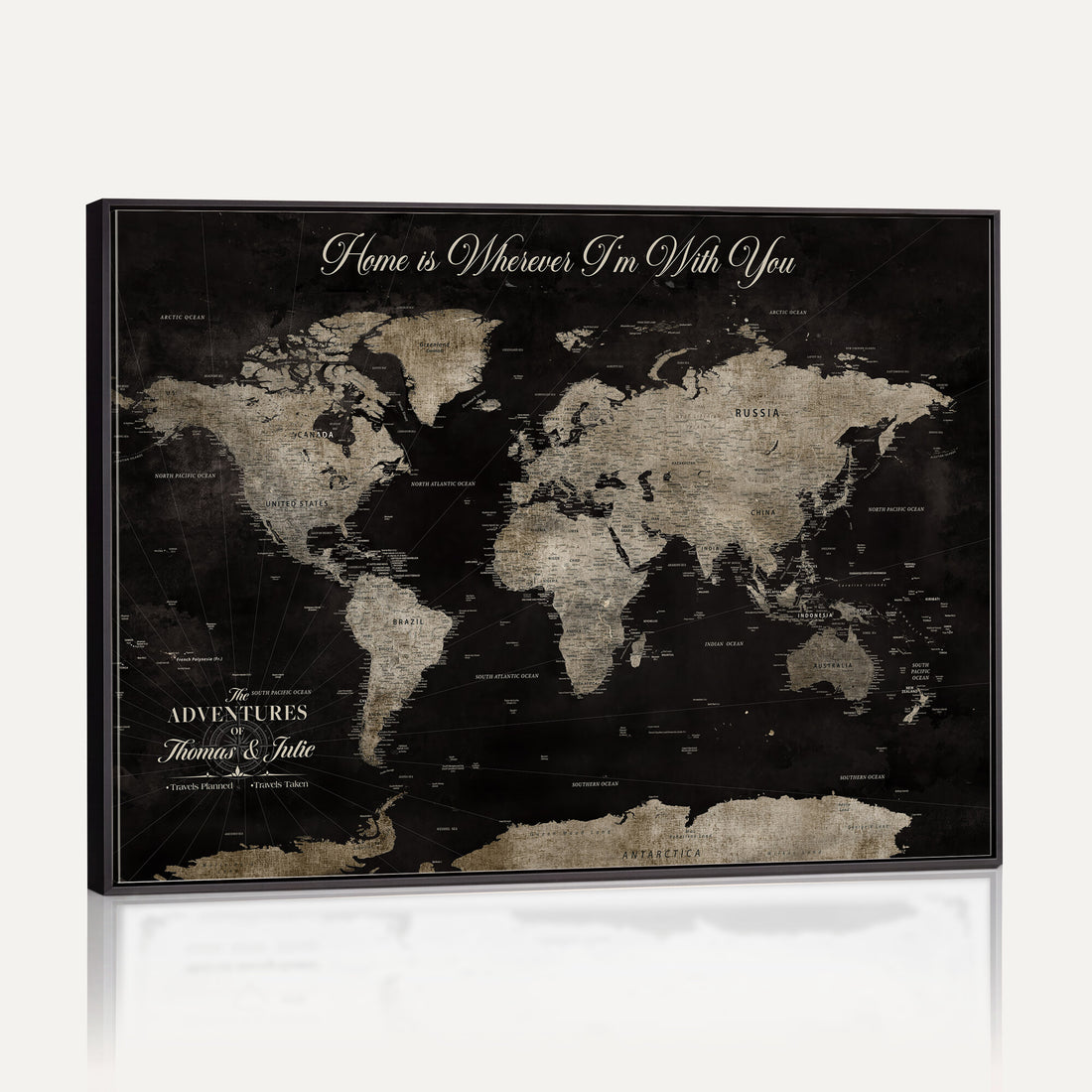 Personalized Framed Black Geometric World Map Canvas with Push Pins, Bucket List Map, Living Room and Dining Room Decor