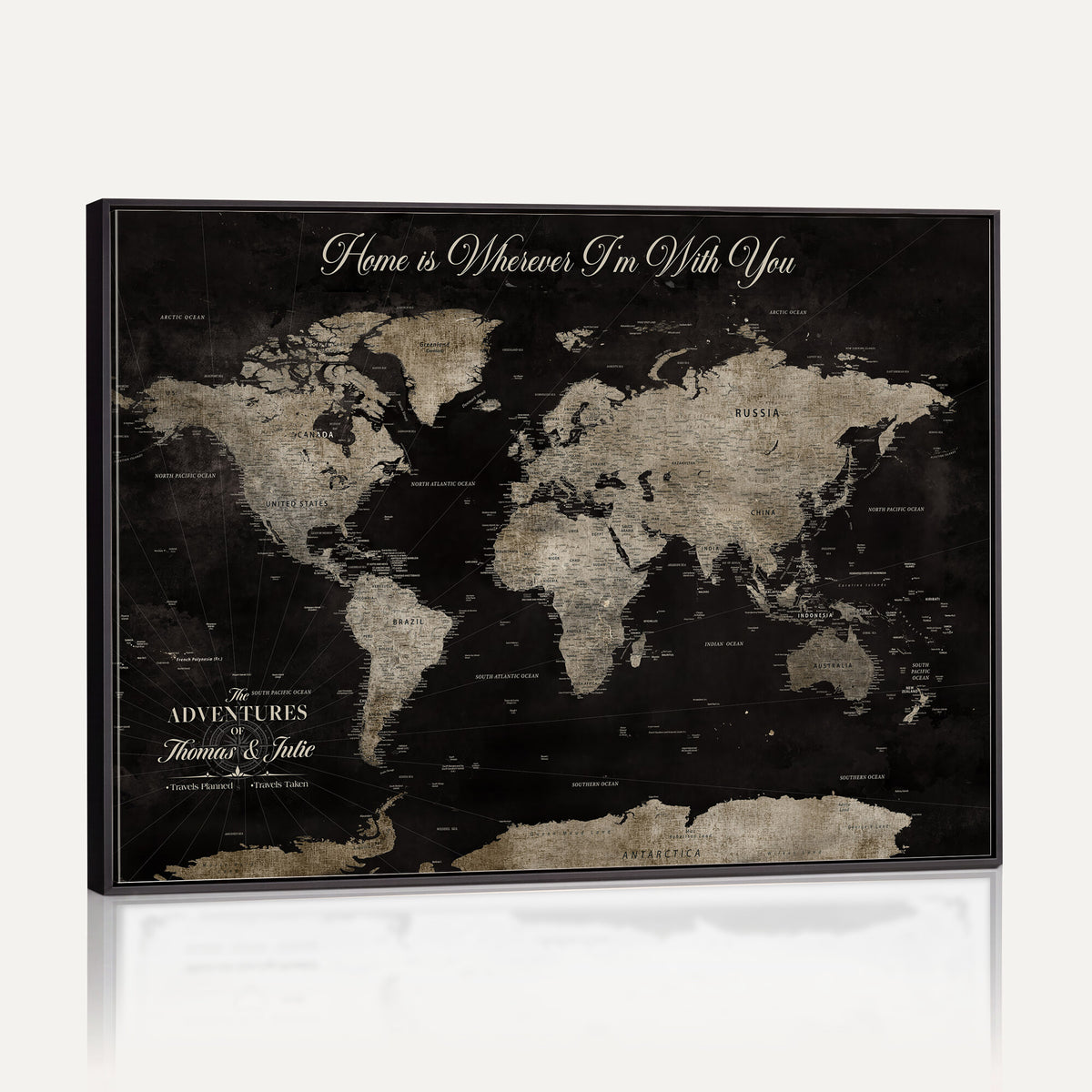 28461537-MGV-CV-36X24 - Personalized Framed Black Geometric World Map Canvas with Push Pins, Bucket List Map, Living Room and Dining Room Decor