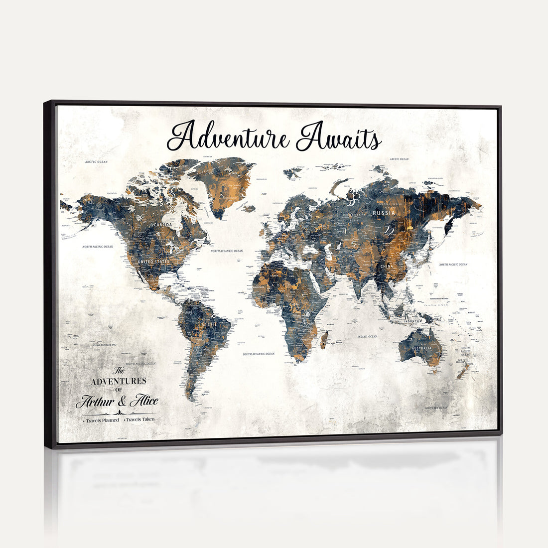 Custom Framed Beige Geometric World Travel Map Wall Art with Pins, Places Visited Tracker, Family Room and Home Office Decor