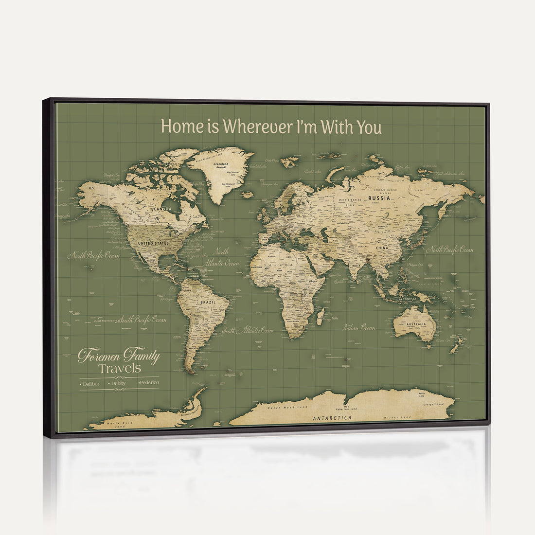 Personalized Framed Navy Push Pin World Map Wall Art, Family Travel Tracker, Bedroom and Home Office Decor