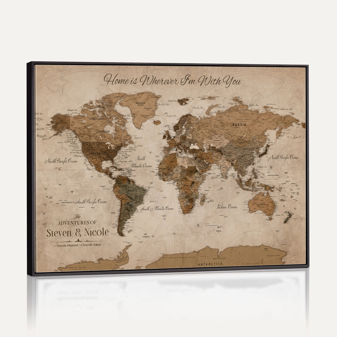 Personalized Framed Navy Geometric World Map Canvas with Push Pins, Couples Countries Visited Map, Living Room and Hallway Decor