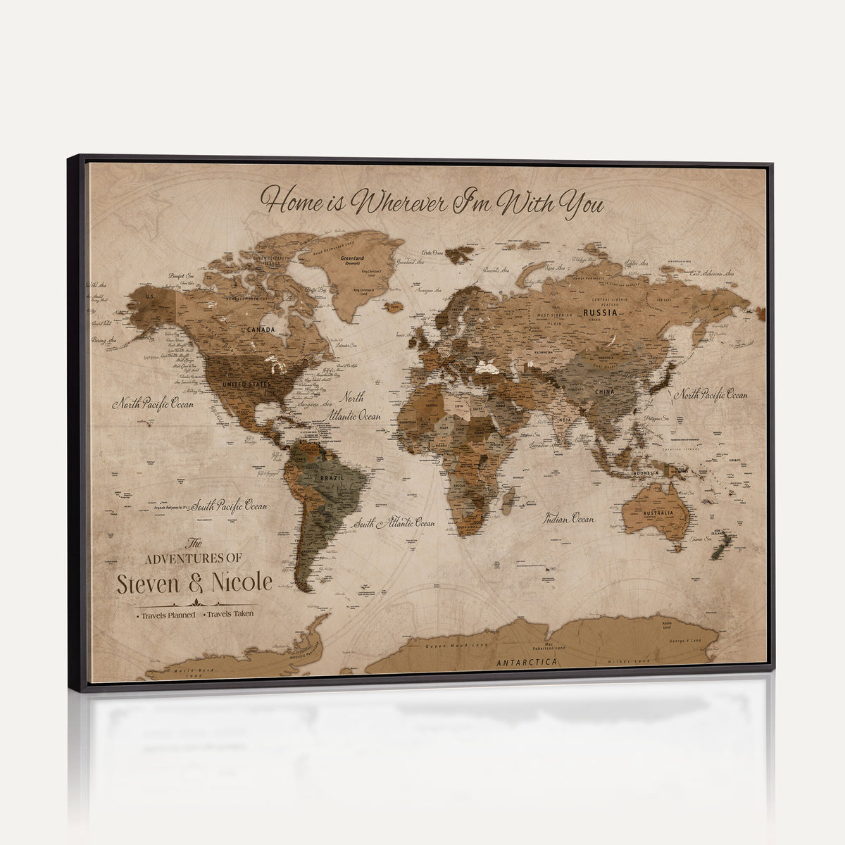 67360040-MGV-CV-36X24 - Personalized Framed Navy Geometric World Map Canvas with Push Pins, Couples Countries Visited Map, Living Room and Hallway Decor