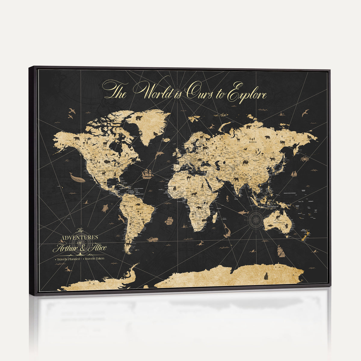 54097664-MGV-CV-36X24 - Custom Push Pin World Map Canvas Print, Couples Countries Visited Map, Living Room and Home Office Decor