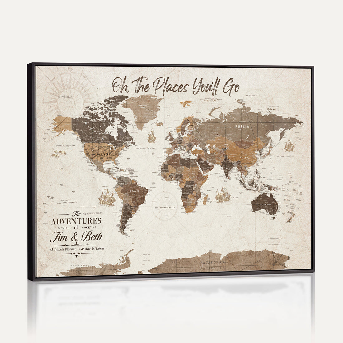 Custom Beige World Travel Map Wall Art with Pins, Couples Countries Visited Map, Living Room and Study Decor