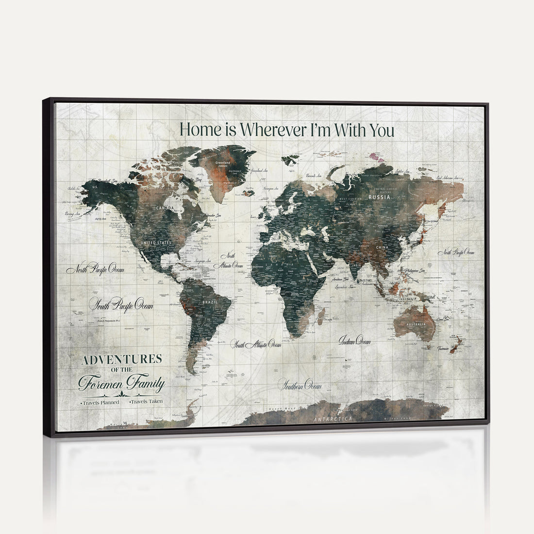 Personalized Beige Modern Push Pin Travel Map Canvas Print, Couples Countries Visited Map, Dining Room and Bedroom Decor