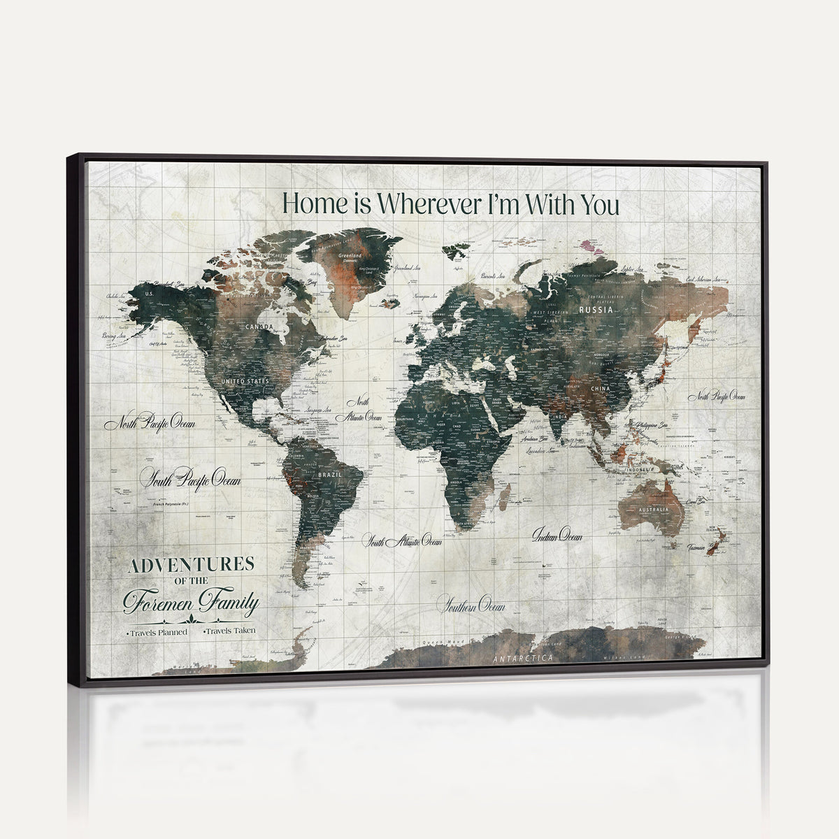 98050124-MGV-CV-36X24 - Personalized Beige Modern Push Pin Travel Map Canvas Print, Couples Countries Visited Map, Dining Room and Bedroom Decor
