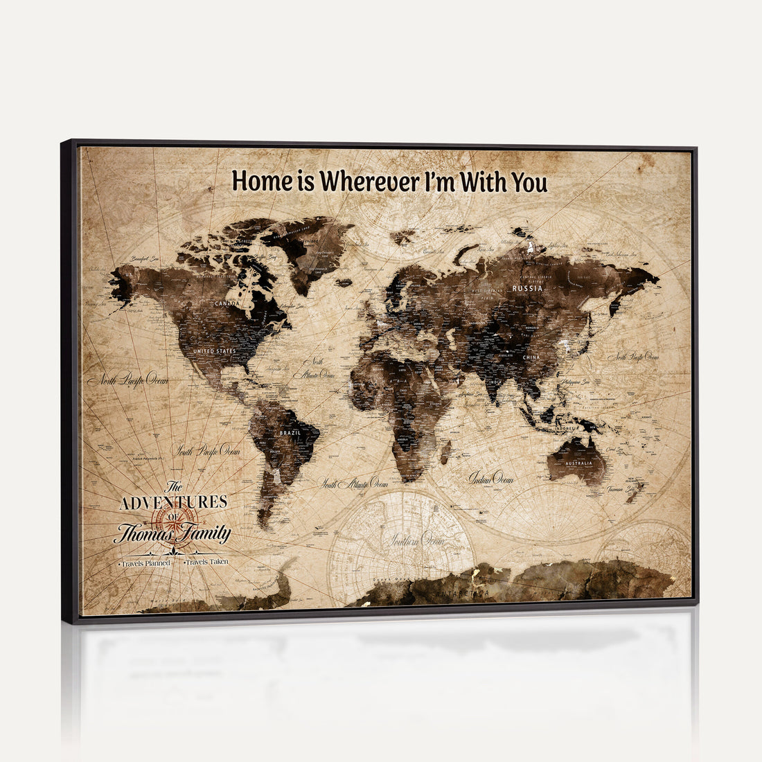 Personalized Framed Beige Modern World Travel Map Wall Art with Pins, Family Adventure Map, Living Room and Hallway Decor
