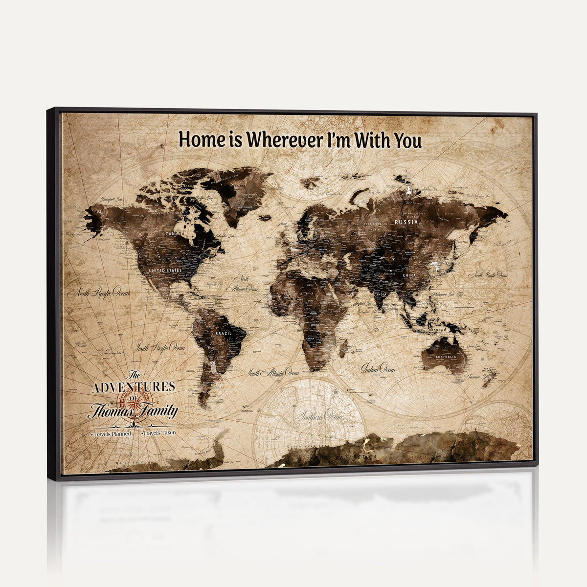 74771891-MGV-CV-36X24 - Personalized Framed Beige Modern World Travel Map Wall Art with Pins, Family Adventure Map, Living Room and Hallway Decor