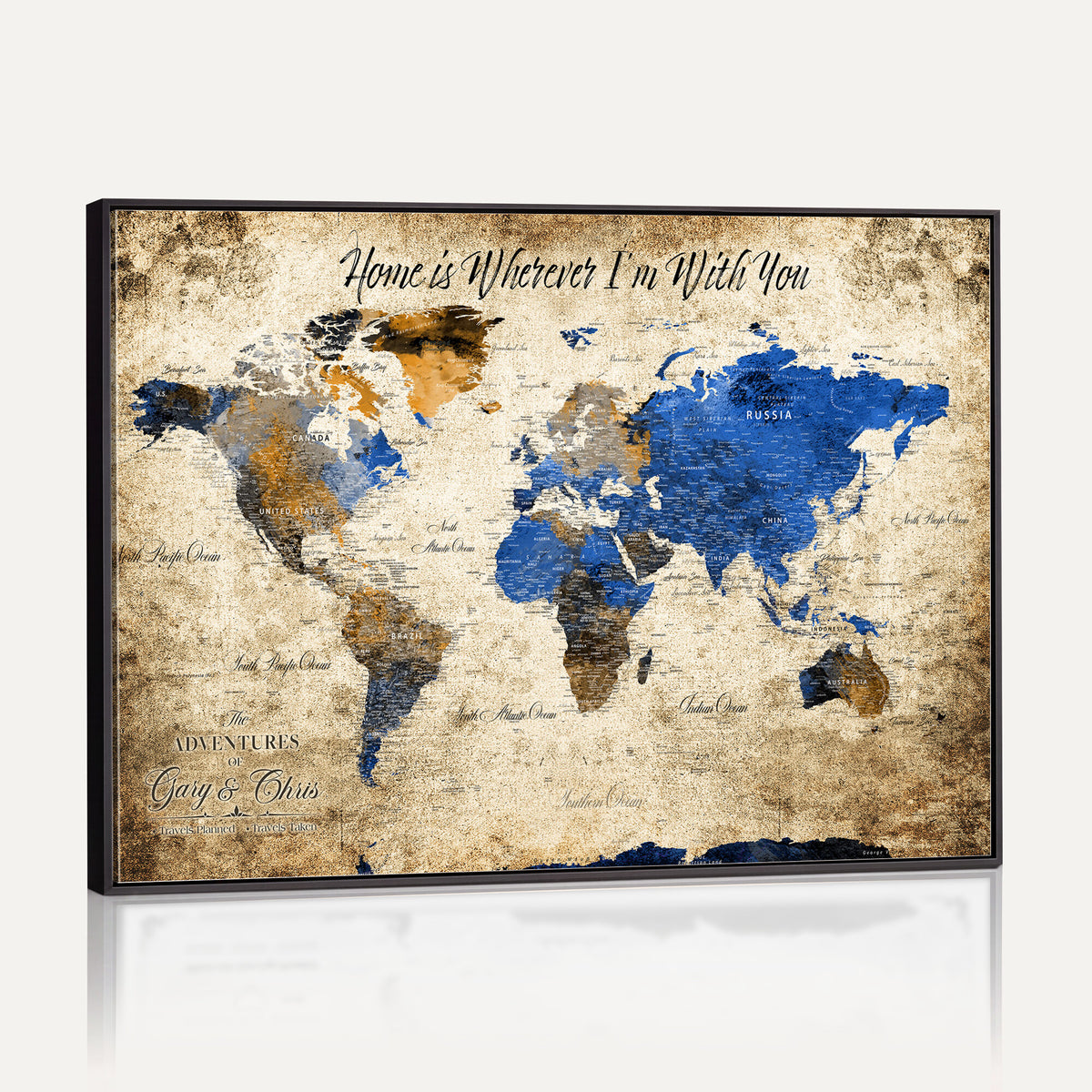 13332533-MGV-CV-36X24 - Personalized Framed Beige World Map Canvas with Push Pins, Honeymoon and Anniversary Gift, Living Room and Home Office Decor