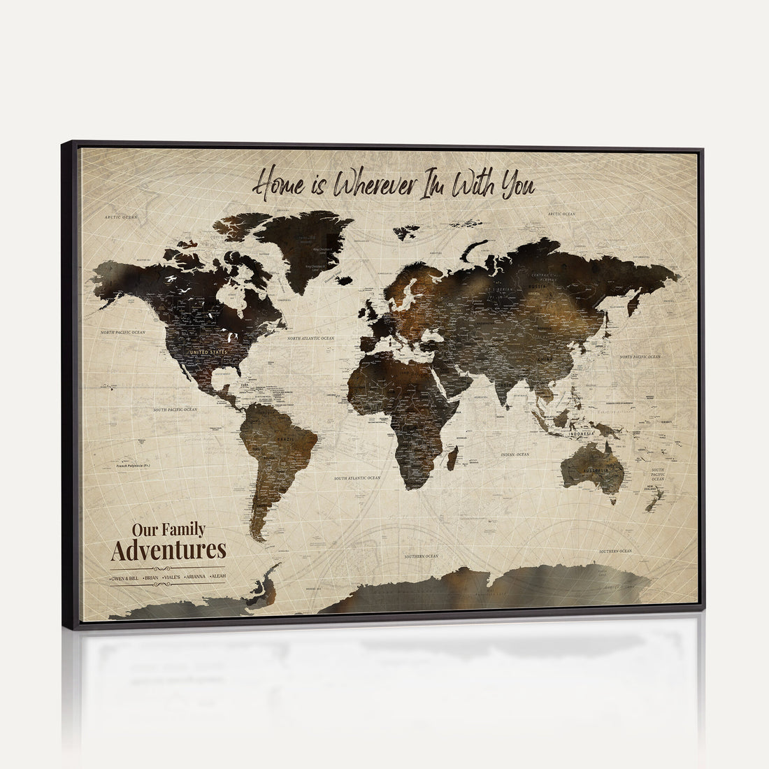 Custom Beige Push Pin World Map Wall Art, Family Travel Tracker, Dining Room and Bedroom Decor