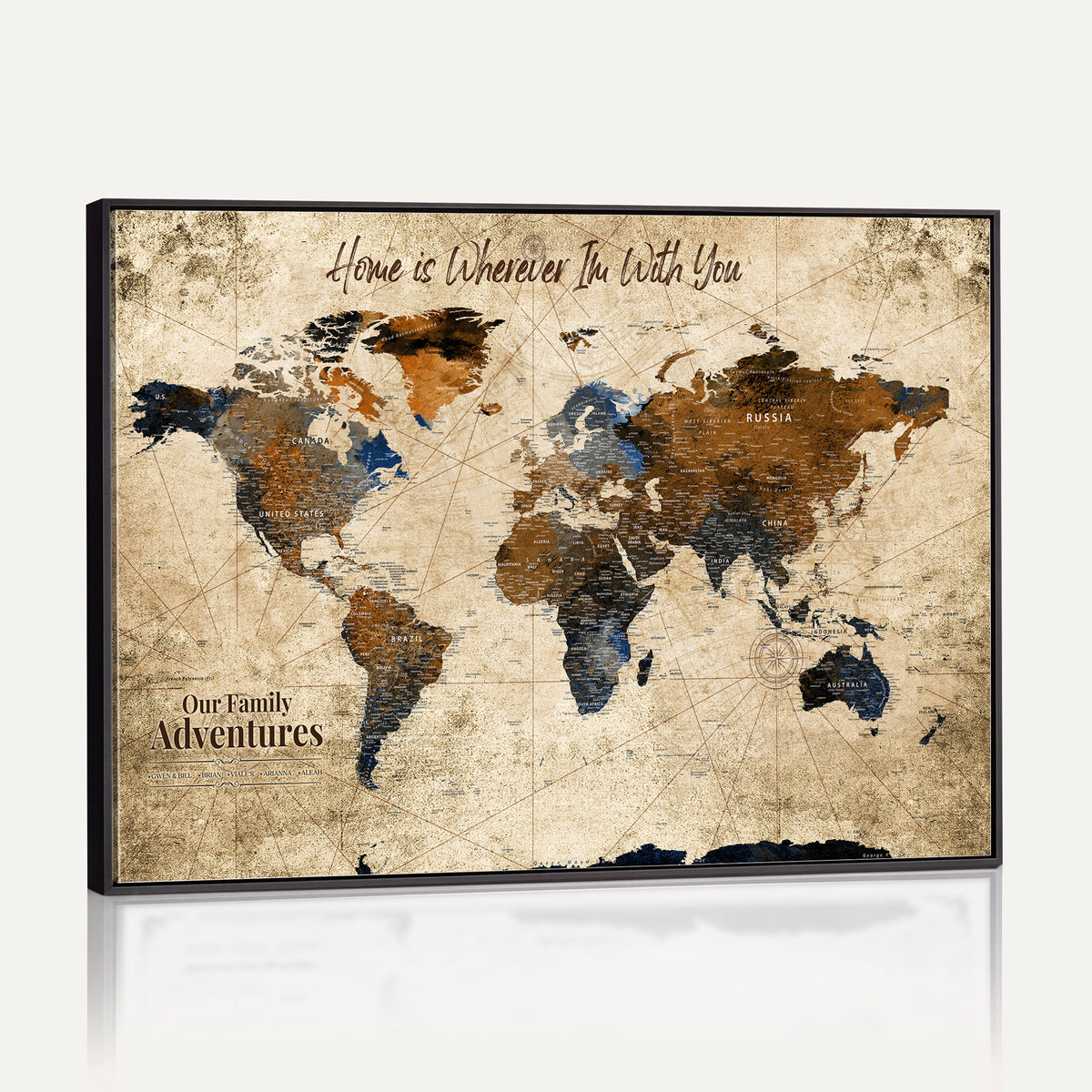 17548029-MGV-CV-36X24 - Personalized Framed Beige Modern Push Pin World Map Canvas Print, Bucket List Map, Home Office and Study Decor