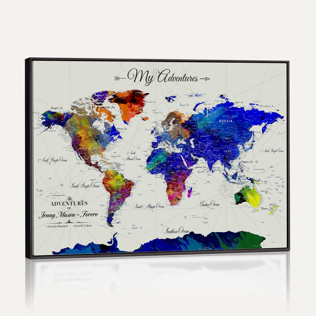 Detailed Custom Framed Beige Modern World Map Canvas with Push Pins, Honeymoon and Anniversary Gift, Dining Room and Home Office Decor