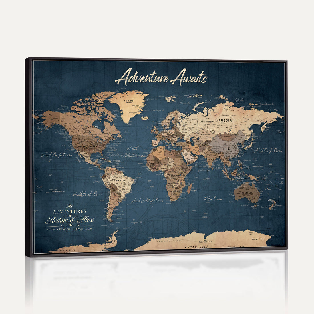 Personalized White Vintage World Travel Map Wall Art with Pins, Next Trip Planner Map, Family Room and Dining Room Decor