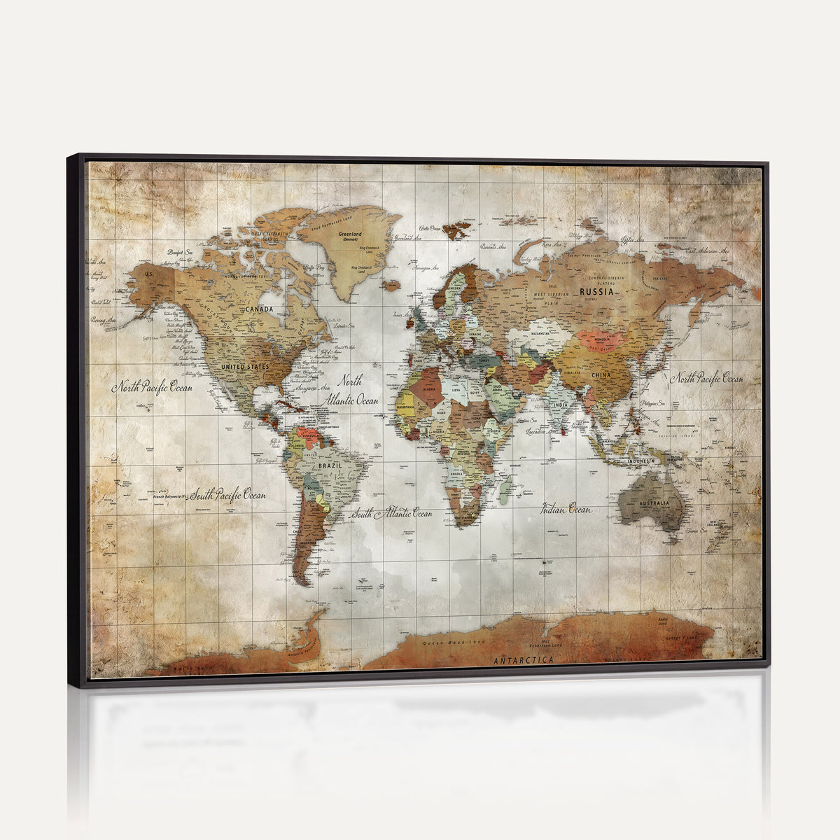 19855445-MGV-CV-36X24 - Custom Framed Modern Push Pin World Map Wall Art, Places Visited Tracker, Home Office and Entryway Decor