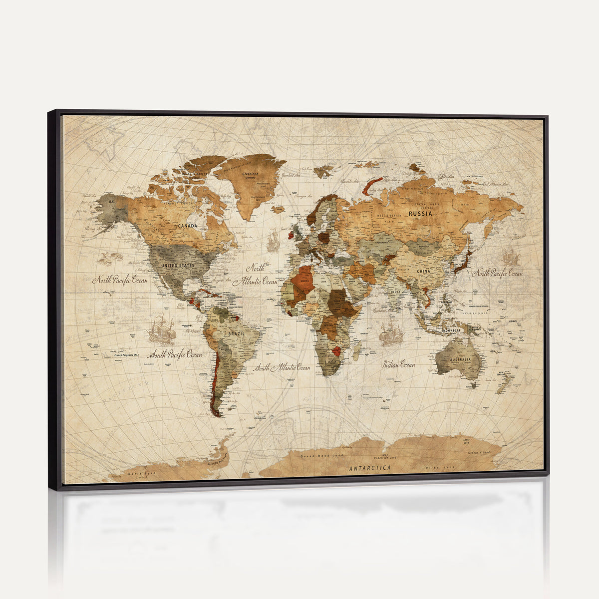 29684537-MGV-CV-36X24 - Vintage World Map Canvas Print, Framed Rustic Detailed Map of the World, Explorer Decor